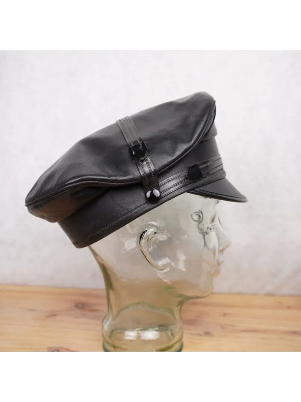 Vintage Genuine Leather Black Army Muir Biker Peakerd Police Cap Hat Union Made